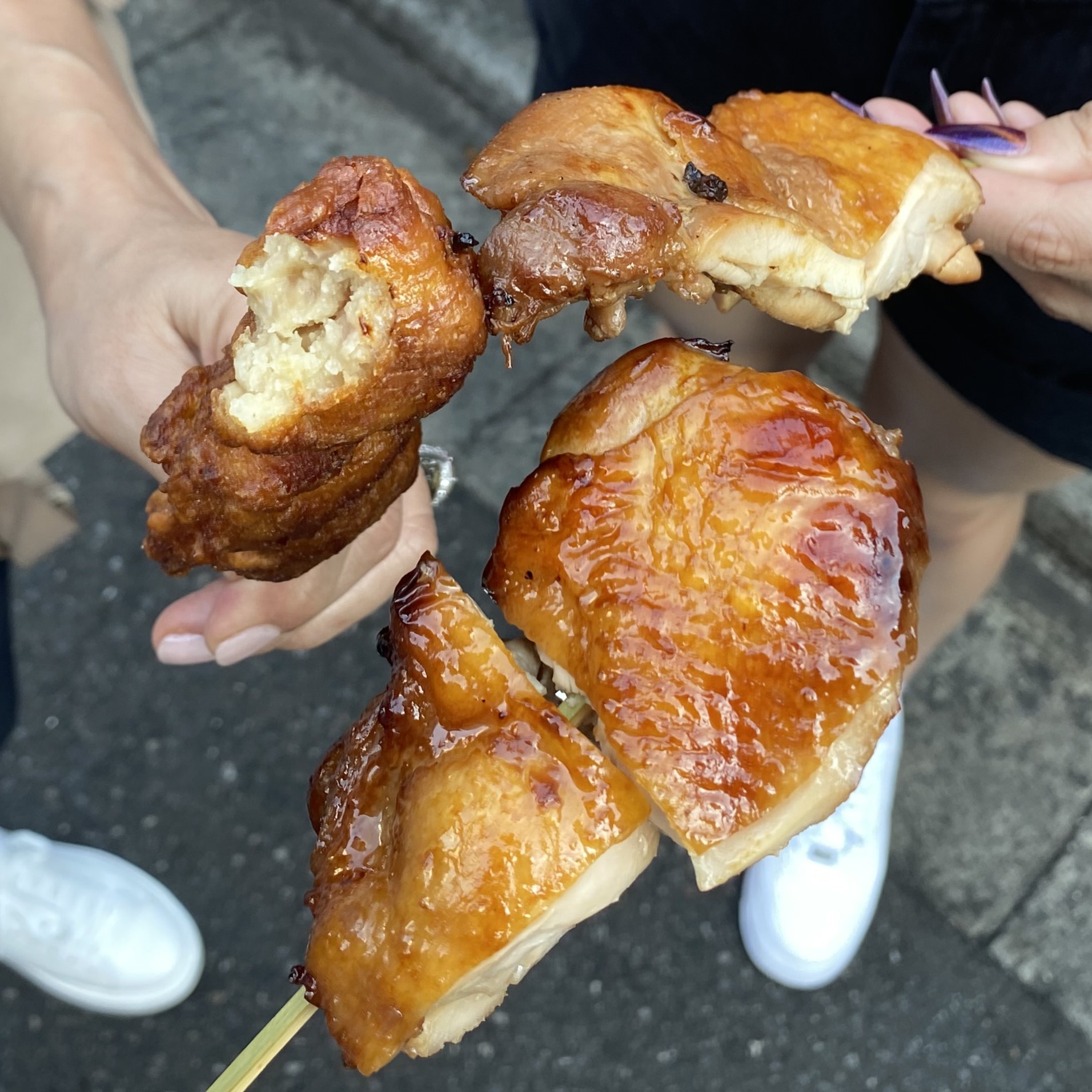 The chicken and meatballs on a stick.